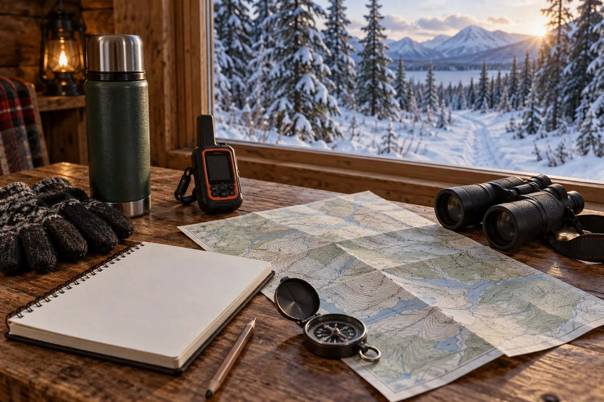 Cold-weather navigation and communication equipment on a cabin table