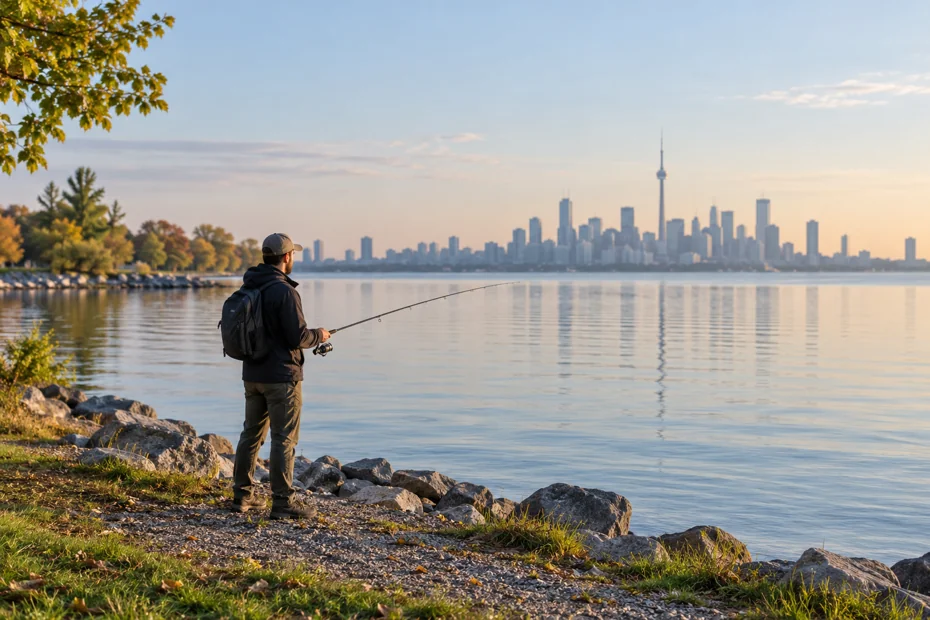 AI-created illustration of an angler on a low city lakeshore with a Toronto-like skyline; not a documented access point.