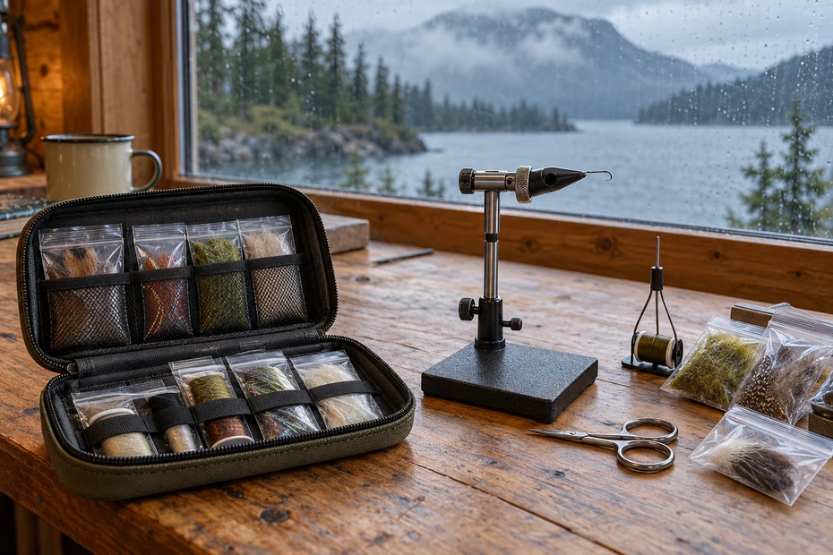 Illustrated portable fly-tying workspace with unbranded vise, case, scissors and thread at a lakeside cabin