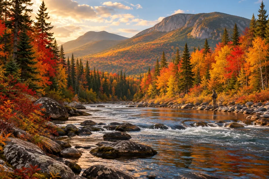 Generated illustration of a river in autumn