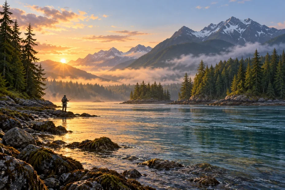 Generated illustration of an angler by a mountain waterway